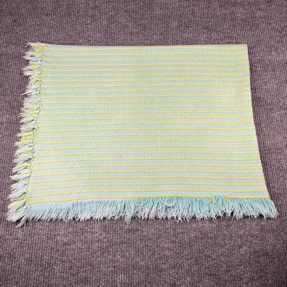 Vtg Knit Blanket Blue Yellow Fringe Unisex Cotton Throw Blanket - Picture 5 of 14